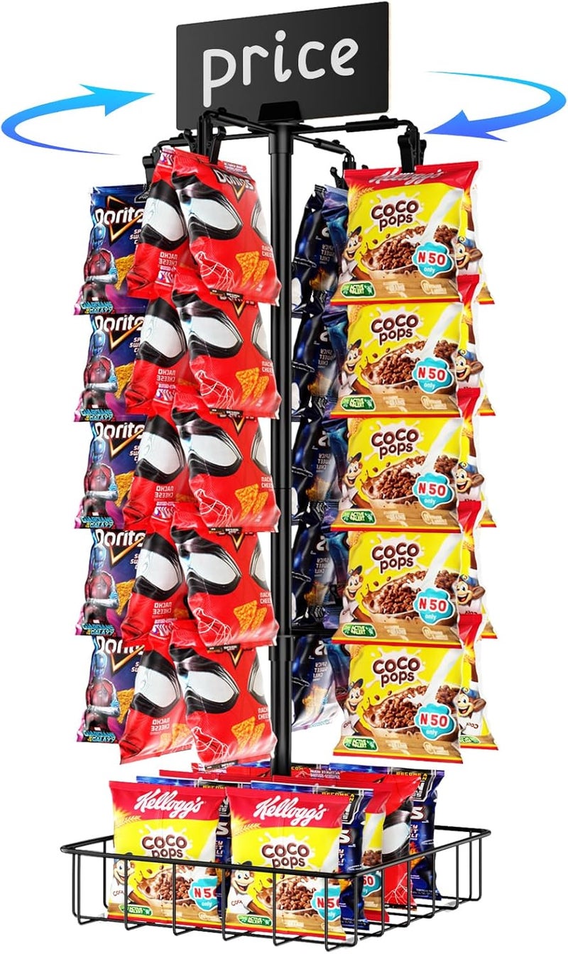 TJMOREE Chip Rack Display Stand, Chip Bag Holder for Party 360° Rotating 48 Clips Countertop Snack Hanger, Snack Retail Display Rack - Image 1